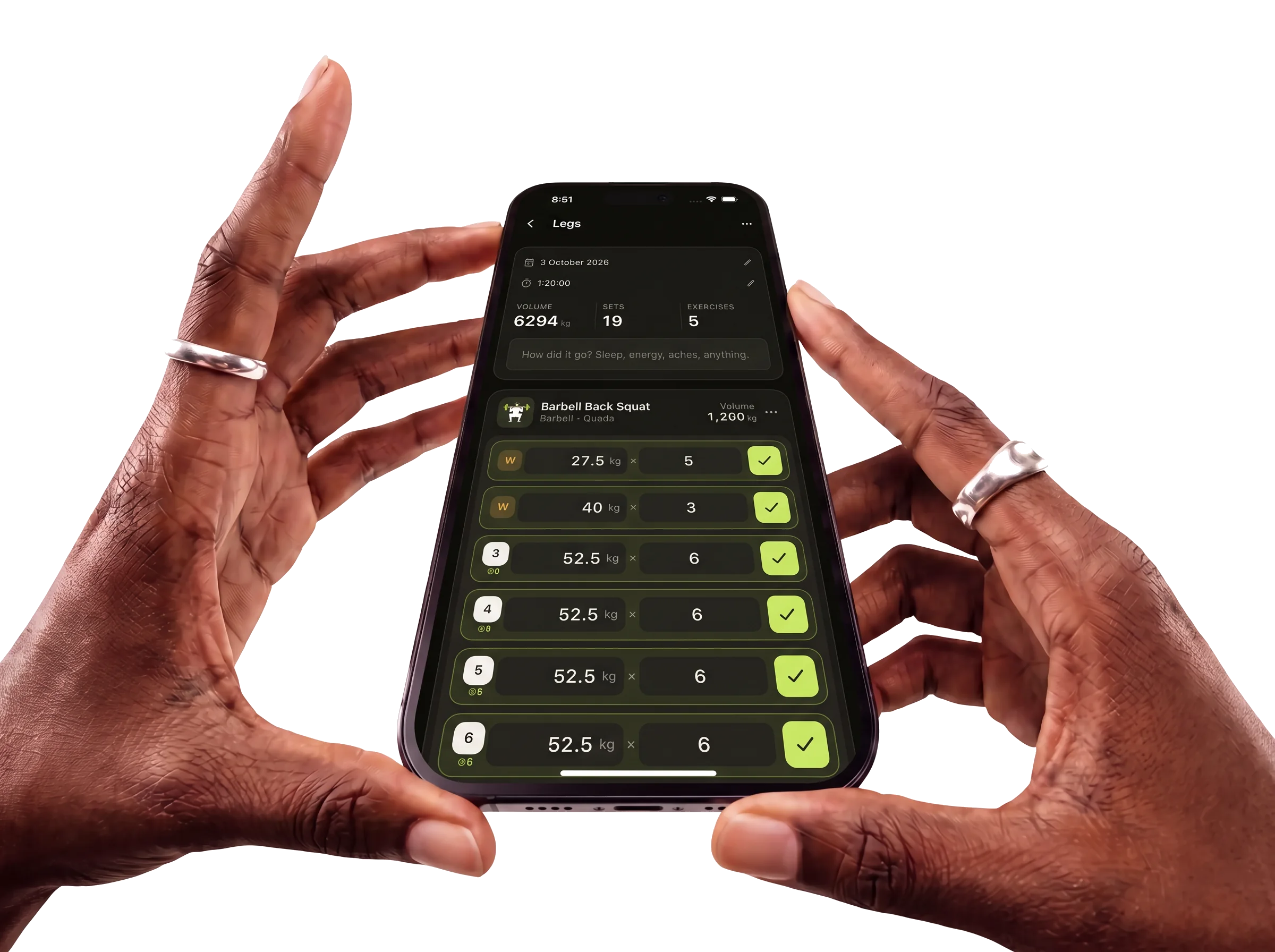 Two hands holding a phone open to a Legs workout in RepDay, with a lime check on each finished set.