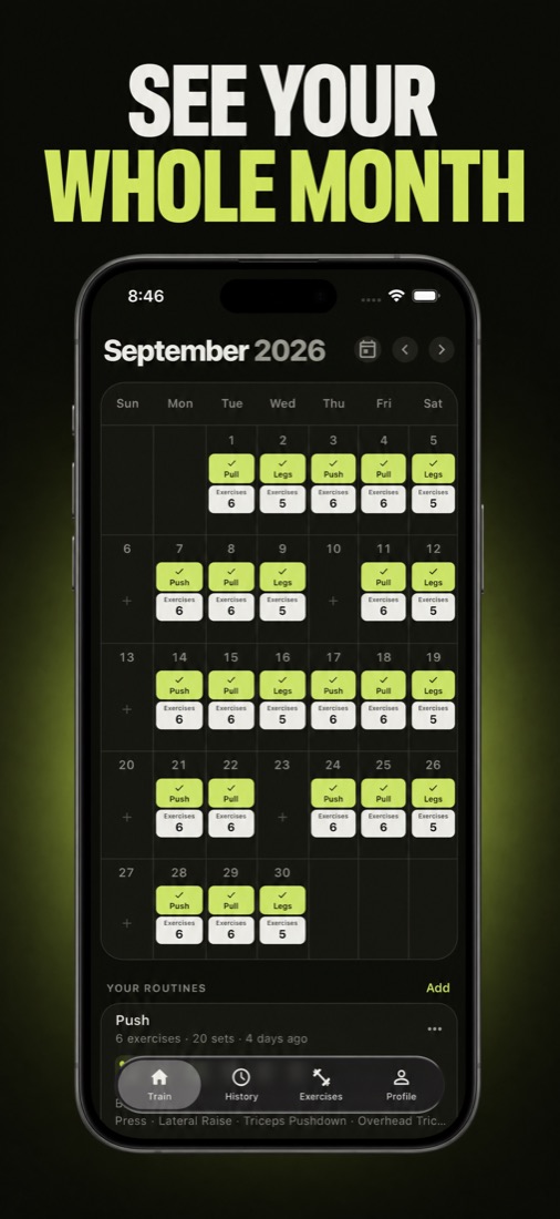 A month calendar in RepDay with a finished session on each training day.
