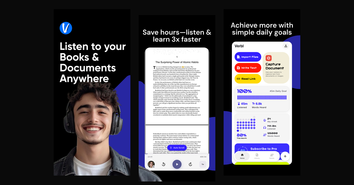 Verbl — An AI-powered text-to-speech app that turns documents, PDFs, and scanned pages into audio with lifelike voices, word-level highlighting, and offline playback across 11 languages.
